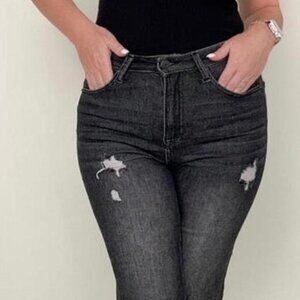 Risen Black Wash Boyfriend Jeans with distressing and raw‎ hem Size 3XL